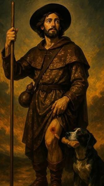 São Roque, peregrino, com bordão e o cão fiel